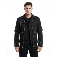 Men's New Gothic Punk Black Jacket Buckle Straps Zipper Emo Steampunk Coat