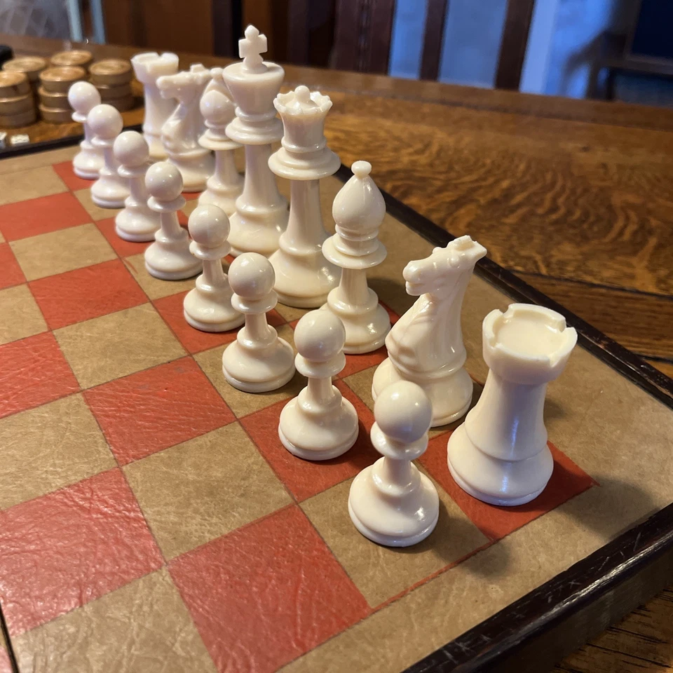 Vintage Wooden & Leather Large Backgammon & Chess Board Case & Pieces - Image 3 of 4