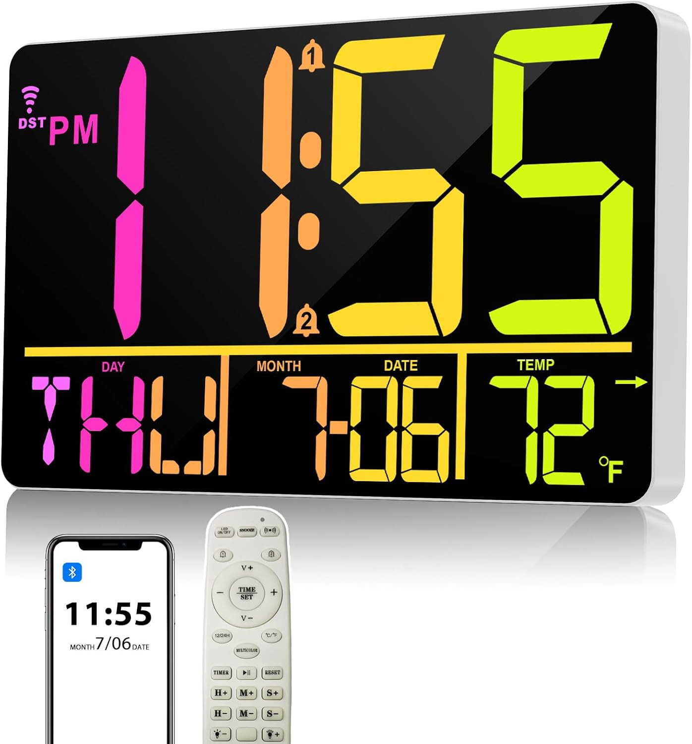 13" Bluetooth Auto Sync Wall Clock- Large Digital Alarm Clock with Remote, RGB C