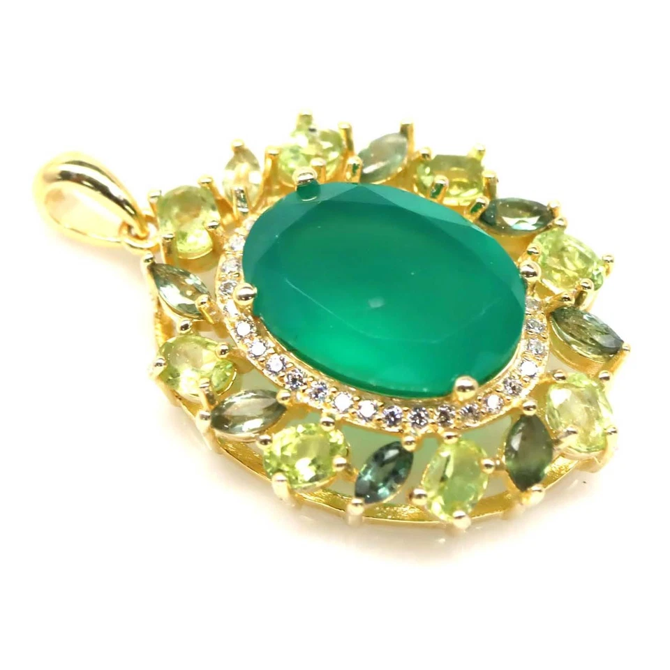 925 Sterlingsilber 10 x 14 Mm. Grüner Achat, Peridot & Zirkon Statement Anhänger - Bild 2 von 4