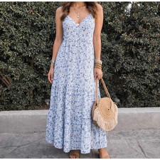 NEW Spell Sunshine Bandit Strappy Gown Blue White Floral Maxi Hippie Boho Medium