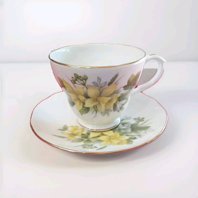 Duchess Teacup & Saucer Set Bone China Daffodils Trio Yellow Golden Rim England