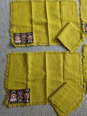Set Of 6 Scandinavian Chartreuse Table Settings Placemats With Pockets / Napkins
