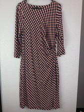 Talbots Dress Womens Large Blue Red Geometric Knot Front 3/4 Sleeve Midi Stretch