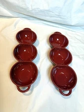 Red Ceramic Divided 3 Bowl Tidbit Serving Dish 12”