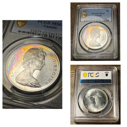 1967 Canada Silver Dollar; PCGS MS-62; MONSTER Rainbow Toning on Obverse; Goose