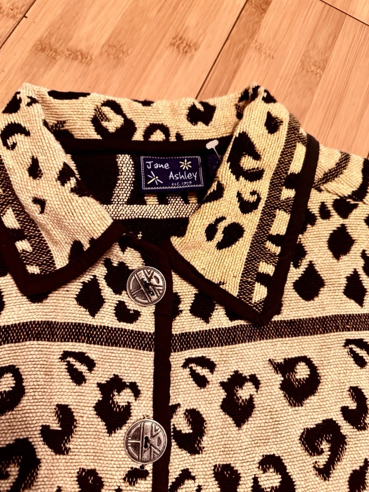 Jane Ashley Unisex Negro Marrón Leopardo Tapiz Chaqueta Bolsillos Conchos Talla M Foto 2 de 4