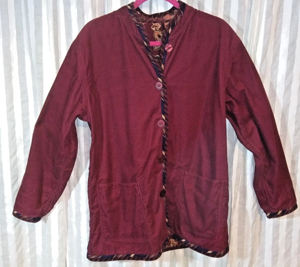 Koos Of Course Women's L Cotton Corduroy Jacket Burgundy Paisley Reversible Vtg - Image 2 of 4