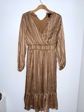 NEW Japna Beige Animal Print V-Neck Long Sleeve Wrap Midi Dress Lined L