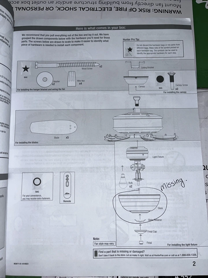 Hunter Channing 54"Ceiling Fan 53366 "049694533678" Missing Glass - Image 3 of 3