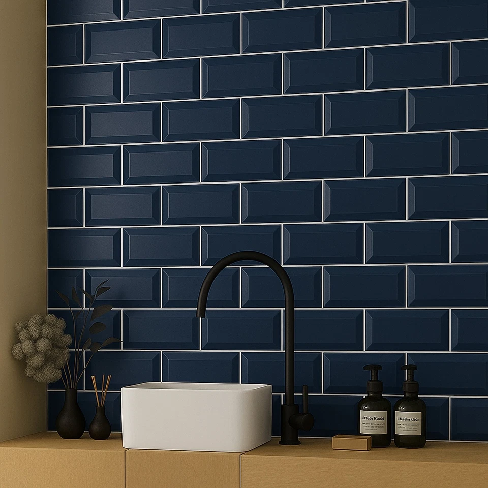 Glossy Navy Blue Ceramic Brick Subway Metro Tile With Bevelled Edge 10x20cm Box - Image 2 of 4