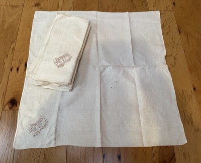 12 XL 24.5  Antique Vintage Damask French? Embroidered Monogram B Cloth Napkins