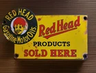 Vintage Red Head Gasoline Porcelain Sign Motor Oil Esso Mobil Sold Here Gas Oil