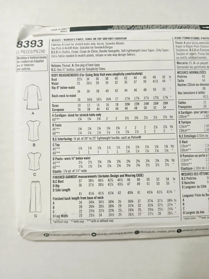 8393 Simplicity Sewing Pattern. Womens Tunic, Pants, Top, Cardigan Size 20w-28w - Image 2 of 3