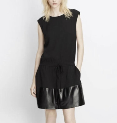 VINCE LEATHER CONTRAST BAND DRAWSTRING with Pockets WOMEN Black Dress  Medium | eBay