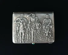 Antique Imperial Russian Silver 84 Repousse Bogatyr Cigarette Vesta Case Emerald