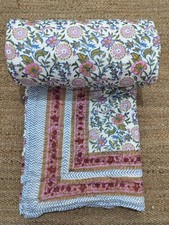 Indian Handmade Cotton Quilt Comforter Floral Print Hand Block Print Blanket