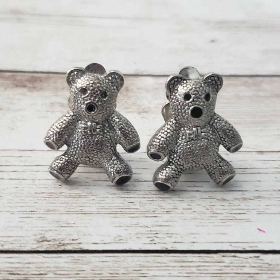 Vintage Clip On Earrings Silver Tone Teddy Bear eBay