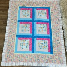 VTG Handmade Patchwork Tied Quilt Satin Trim Pink Blue Cream Baby Crib Blanket