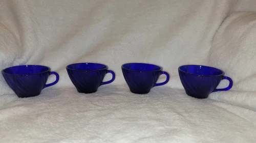 Set of 4 Vintage Arcoroc Cobalt Blue Swirl Textured Glass Teacups Tea Cup France
