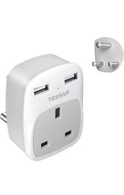 Tessan TS821EF 3-in-1 Reiseadapter UK EU-Stecker, USB-Anschlüsse, 250 V Max Power ''NEU''