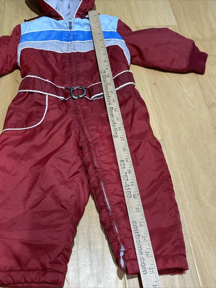 Traje de nieve de invierno vintage Sears para niños pequeños 2T cinturón de una pieza rojo azul con capucha cremallera completa Foto 3 de 4