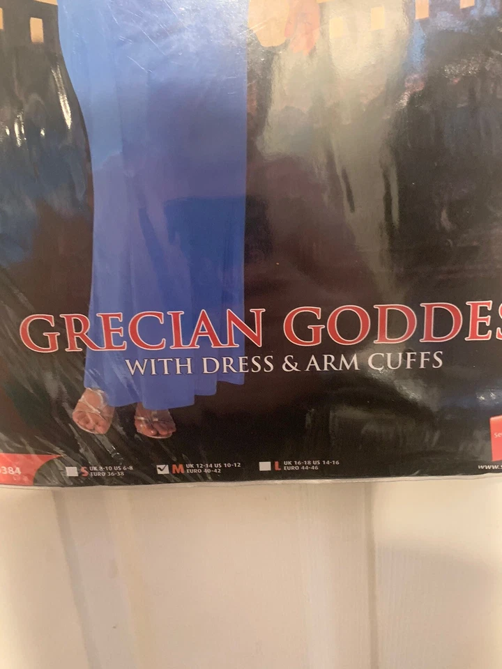 Nuevo Disfraz de Diosa Griega Adulto Talla M 10-12 EE. UU. Vestido y Brazos Puños Azul Dorado Foto 3 de 4