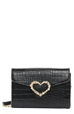 Betsey Johnson Black Croc Embossed Faux Pearl Heart Wallet On A String Crossbody