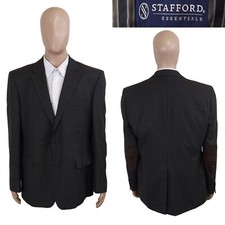 Stafford Essentials Classic Fit Elbow Patch Brown Blue Plaid Wool Sport Coat 44R