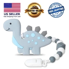 Baby Silicone Dinosaur Teething Chew Toy w/Pacifier Clip Gum Pain Relief Teether