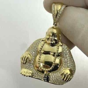 Authentic 2.60Ct Round Cut Real Moissanite Laughing Buddha Pendant 14K Yellow Gold Plated