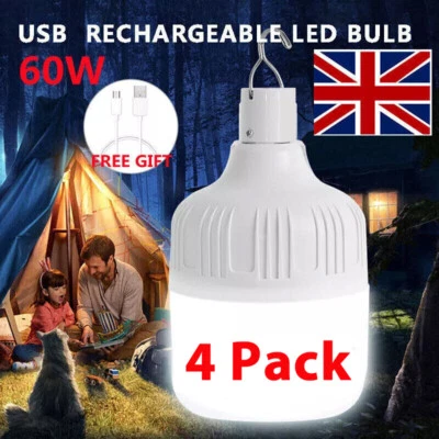 4PCS 60W USB Rechargeable LED Work Light Bulb with Hanging BBQ Camping Emergency