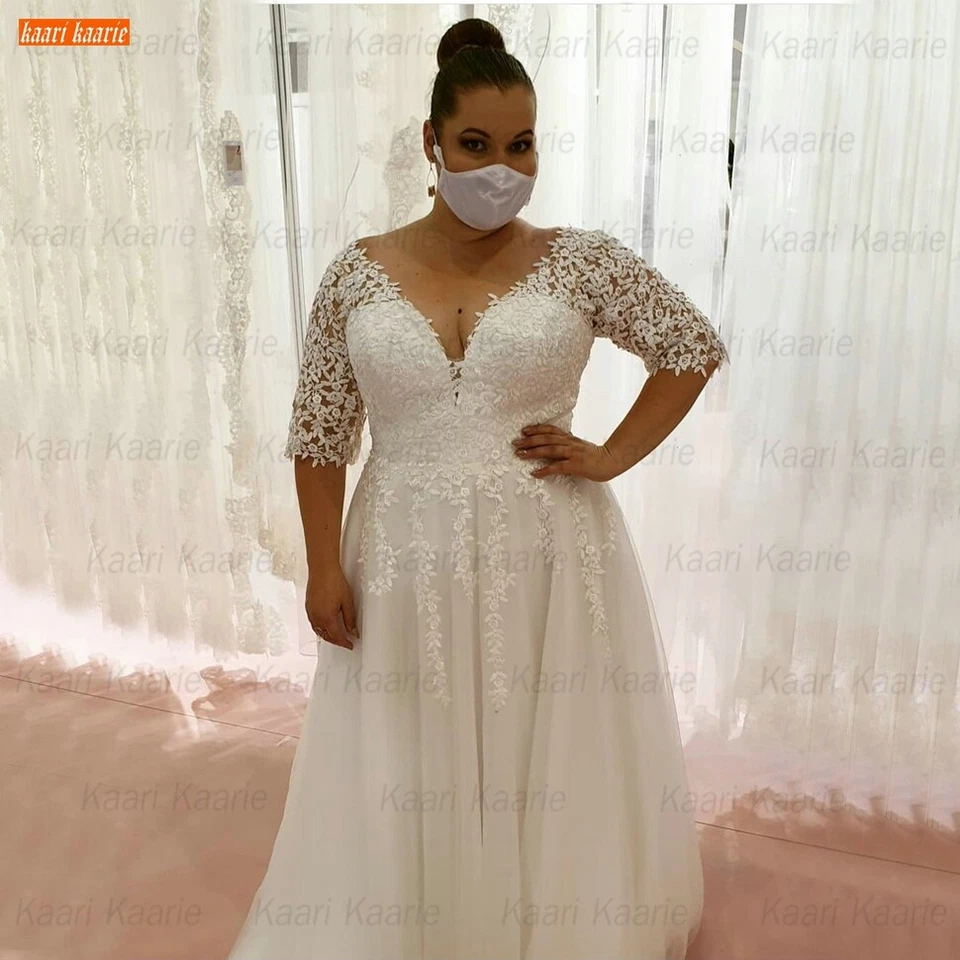 Plus Size Wedding Dresses V Neck Half Sleeves A Line Bohemian Beach Bridal Gown - Image 4 of 4