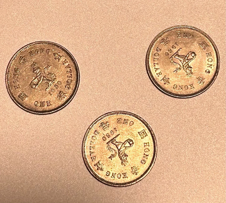 Monedas de un dólar de Hong Kong 1978, 1979, 1980 excelente estado Foto 3 de 4