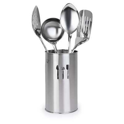 5 Pc Stainless Steel Cooking Utensil Set with Holder - Includes Spatula, Ladle, 
