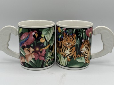 Sakura Vitromaster Rain Forest 1993 Set of Coffee Tea Mugs Cups  Tiger Parrot