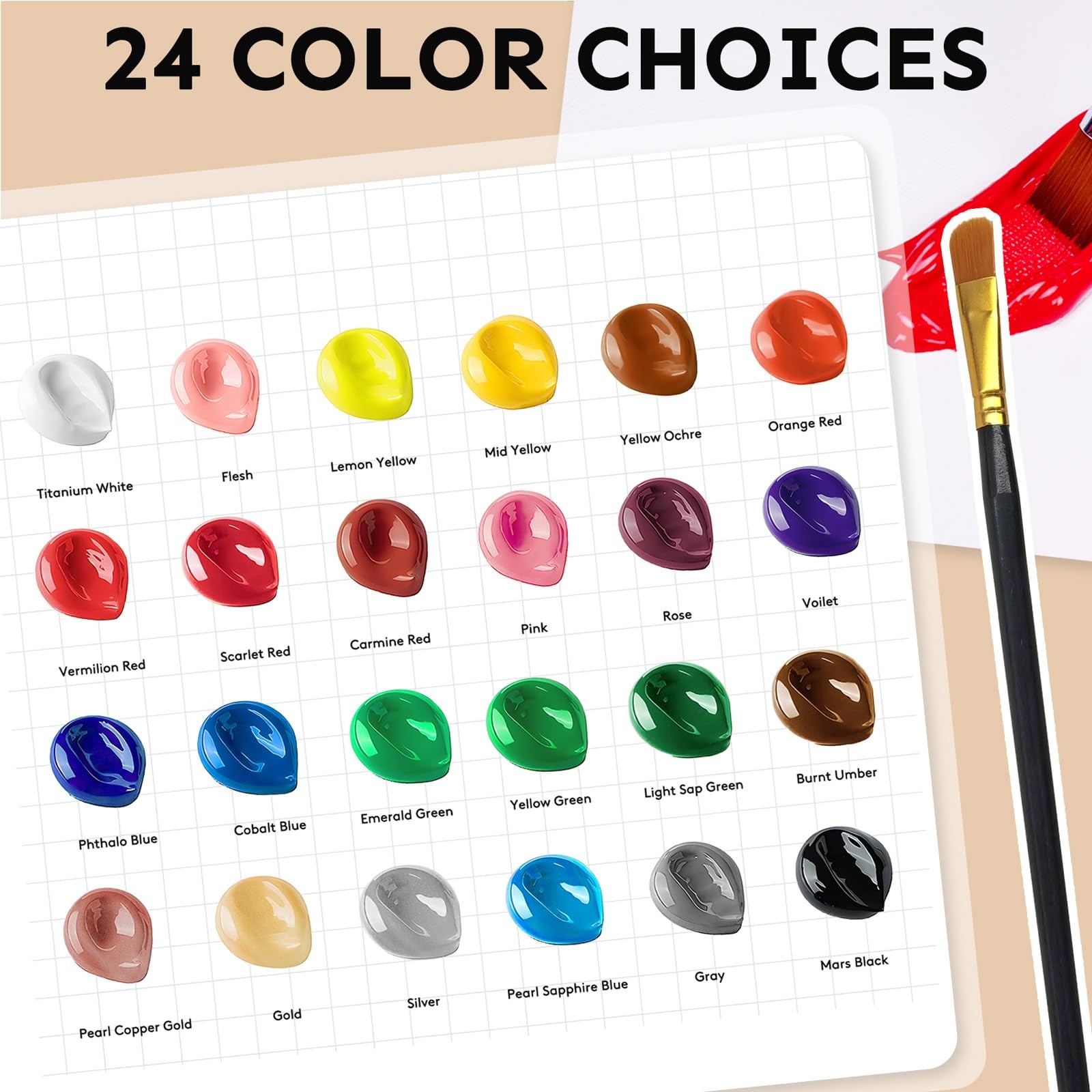 Acrylic Paint Set 24 Colors(2oz /60ml) with 12 Brushes,Rich Pigmented, Premiu...