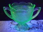 Vintage Depression Era Uranium Green Glass Double Handled Creamer / Sugar Bowl