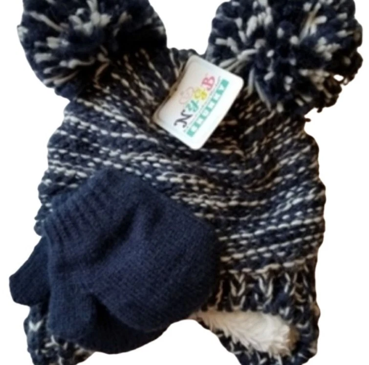 Navy White Knit Bom Bom Hat and Mitten Set 6-18M