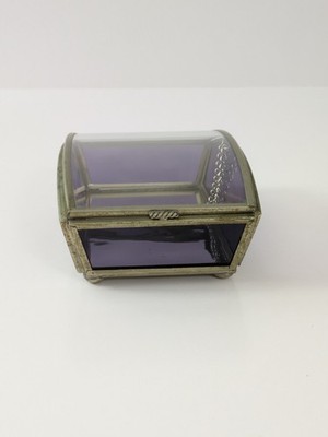 Vintage Purple Glass Mirror Bottom Silver Tone Trim Jewelry Casket Trinket Box