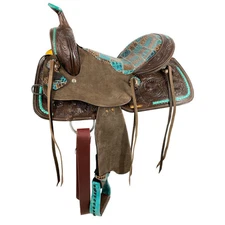 Barrel Style Saddle with Teal Gator Patchwork Pattern Full QH Bars 15" NEW