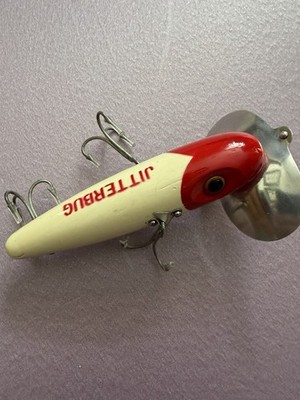 Vintage Early Wood Fred Arbogast Musky Jitterbug White Red Head RH