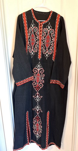 Vintage Moroccan Kaftan Thobe Maxi Dress Black Red Embroidery Plus Size 3XL