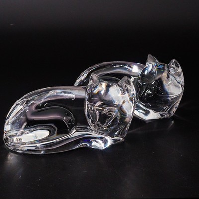 Pair Val St. Lambert Signed Crystal Cats    Les Siestes  Sculptures   6.75''
