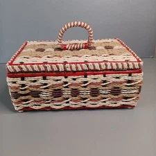 VTG Dritz Woven Silk Lined  Sewing Basket Storage Box With Older Sewing Notions