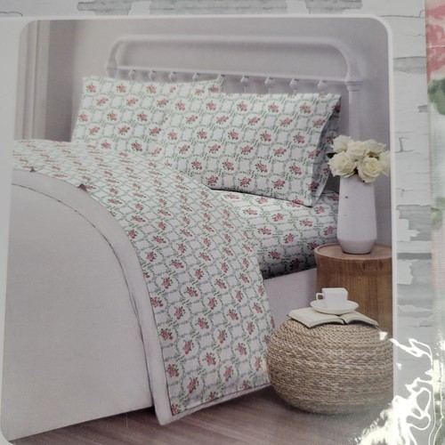 Farmhouse Shabby Chic 4 pc QUEEN Sheets Set White Green Vines Pink Roses Cotton - Picture 4 of 11