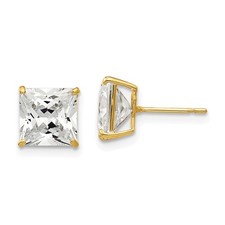 Real 14K Yellow Gold 7mm Princess Square CZ Post Earrings; Women  Men