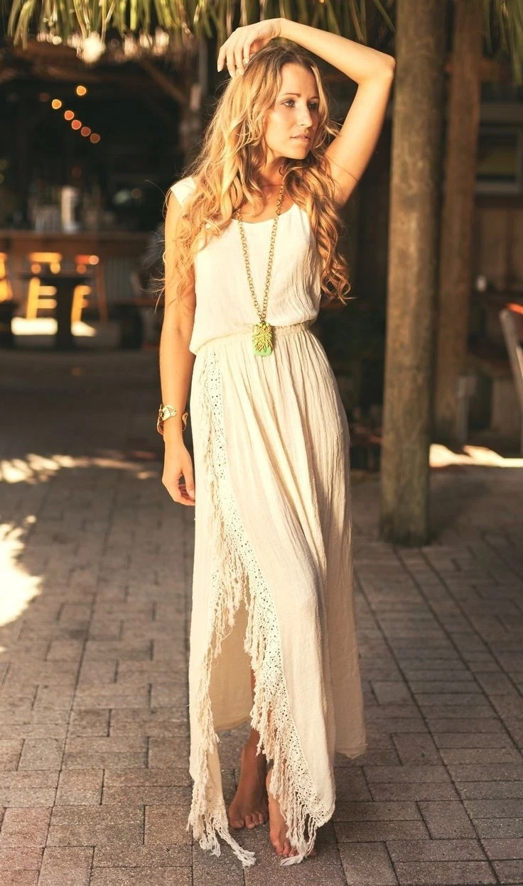 PALM ANGELS RARO Maxi Abito Jen’s Pirate Booty Boho Avorio con Frange Coscia Spacco Laterale Alto S