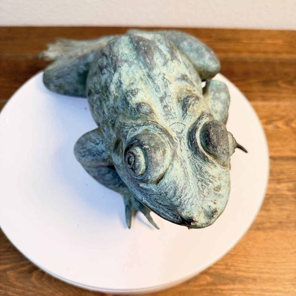 Estatua de bronce pesado rana croando en pátina verde para fuente de agua función 12" Foto 4 de 4