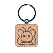 Peeking Bee Engraved Wood Square Keychain Tag Charm